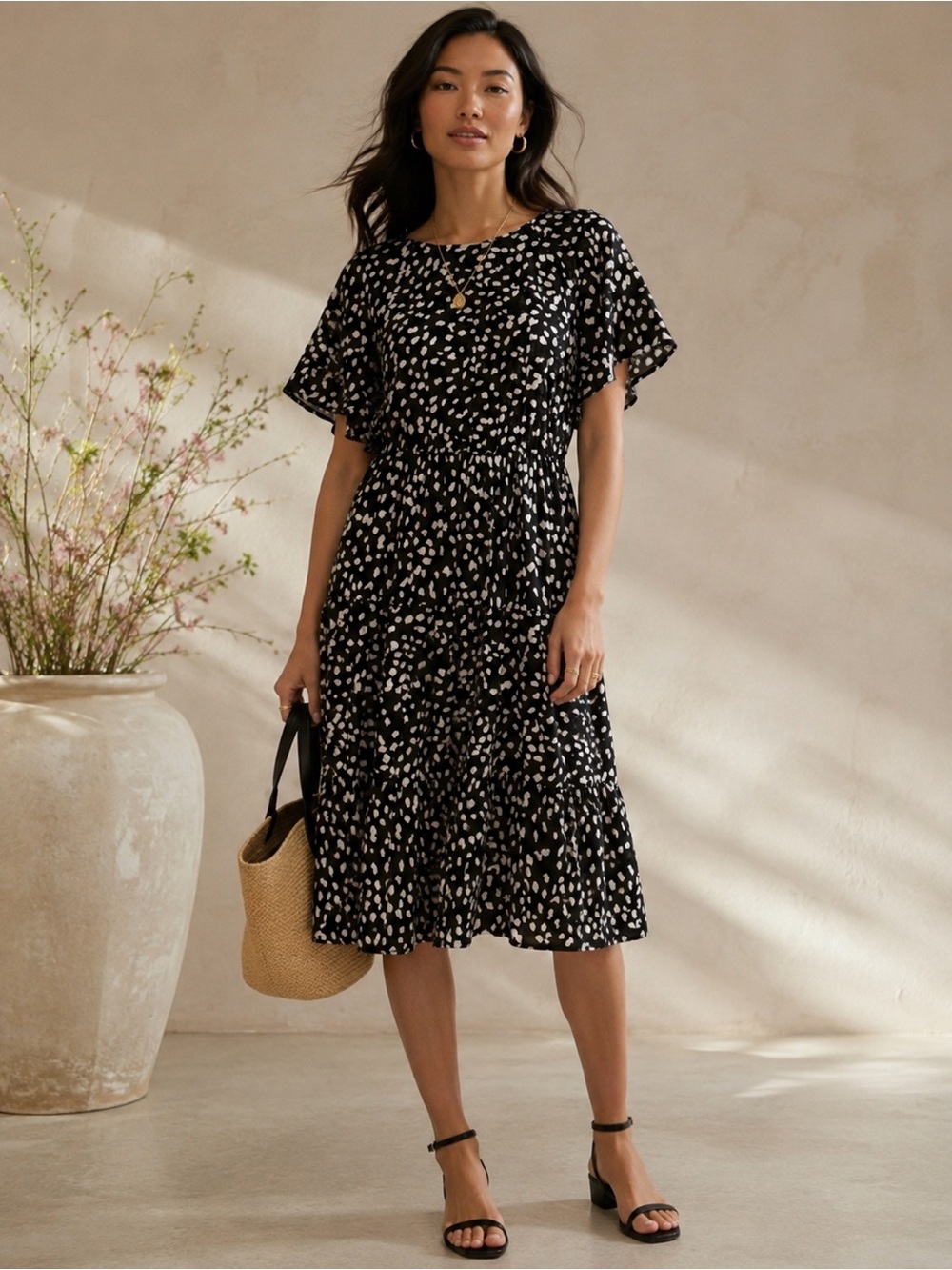 Black Flutter Sleeve Midi Dress with White Spot Print
